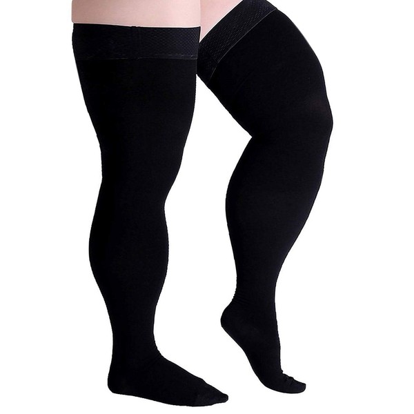 Runee Wide Thigh High Closed Toe Compression Stockings - 20-30mmHg Compression Designed For People With Wide Thigh And Calves (Black)