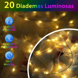 20 Piezas Diademas Con Brillo De Plumas Diademas De Ángel Blanco, Diadema Luminosa Con Luz Led Luminosas Fiest, Para Mujeres Y Niños, Cumpleaños, Navi