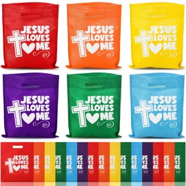 Wesnoy 48 Pcs End of The Year Gifts Bags for Students Jesus Loves Me Religious Christian Goodie Treat Bags with Handles Bulk Non Woven for First Communion Church Baptism Party Favors