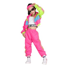 LOLANTA Girls 3 Piece Hip Hop Outfit 80s Retro Tracksuit Color Block Crop Tank Top Zipper Jacket Sweatpants 4-13 Years, neon pink