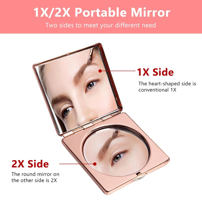 HAPUTDY Mini espejo de maquillaje elegante, portátil 1X/2X lupa (rosa)