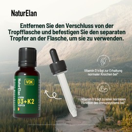 NaturElan Vitamin D3 K2 hochdosiert Tropfen - 50ml, 1000 I.E. Vitamin D3 pro Tropfen, in Deutschland produziert