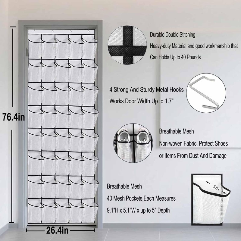 JUNXINSHUN 40 Pocket Over the Door Shoe Organizer, White