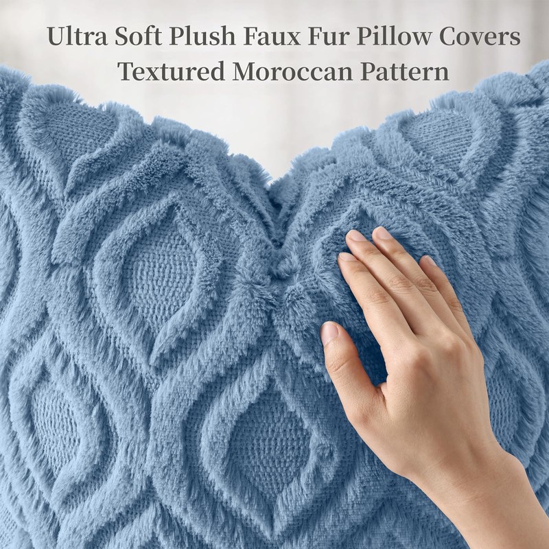 Faux Fur Plush Soft Blue Throw Pillow Covers 18x18 Set