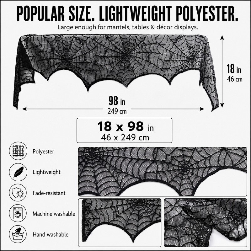 Black Lace Spider Web Mantel Scarf for Halloween – 18