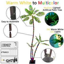 SOSHOT 7FT Lighted Artificial Palm Tree with Three Trunks and 242 LED Lights with Remote Control and App Waterproof for Tiki Bars, Patios,Beaches,Yards Pool, Cruise Party-Warm White to Multicolor