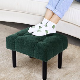 HOUCHICS Fur Padded Foot Stool, Small Ottoman Rest with Wooden Legs, Modern Rectangle Chair Rest for Living Room, Couch, Desk (Green)
