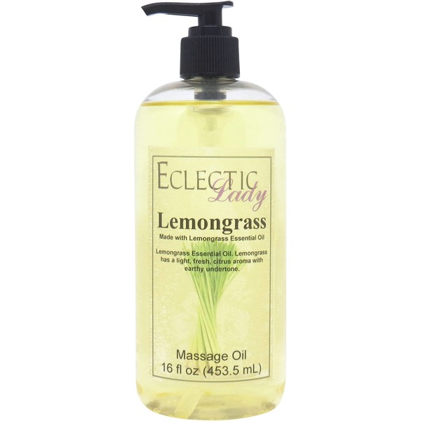 All Natural Lemongrass Massage Oil - Eclectic Lady 16 oz. 100% Natural Ingredients with Sweet Almond & Jojoba Oil, Relaxing Scent for Men & Women