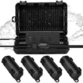 Frienda IP44 Large Outdoor Waterproof Extension Cord Box with 4 Pcs Small Weatherproof Extension Cord Electrical Safety Box Outlet Cover for Power Strip Plug Socket Outlet Holiday Light, Black