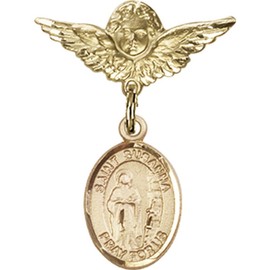 Gold Filled Baby Badge with St. Susanna Charm and Angel w/Wings Badge Pin 1 X 3/4 inches