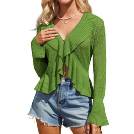 GRACE KARIN Women Hollow Out Cardigan Sweater Lapel Tie Front Crochet Knit Shrugs Long Bell Sleeves with Ruffled Hem Green X-Large