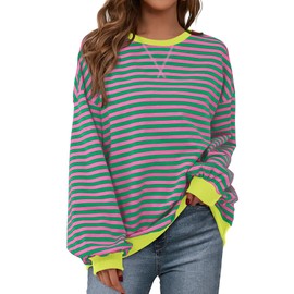 BTFBM Womens Oversized Striped Sweatshirt Crewneck Long Sleeve Pullover Top Casual Y2K Fall Clothes 2025 Workout Shirt(Pink Green, Medium)