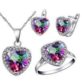 Uloveido Rainbow Topaz Love Heart Jewellery Set Necklace Pendant Rings and Earrings Set for Women Girls White Gold Plated T481