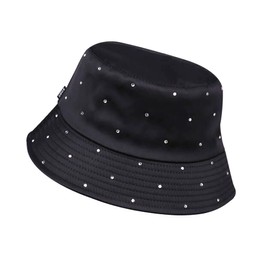 Women Bling Bucket Hat Silky Satin Shiny Rhinestone Bucket Sun Hat Packable Summer Outdoor Fishing Caps for Travel Beach Black