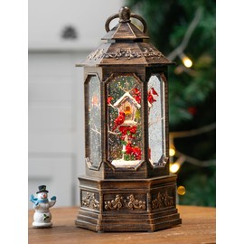 12" Christma Snow Globe Lantern, Glitter hex Music Box, USB and Battery-Powered Decorations (Cardinals' Habitat)