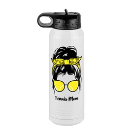 Tennis Mom Water Bottle, Messy Bun, White 30 oz Polar Camel with Straw Lid, Stainless Steel, Vacuum Insulated