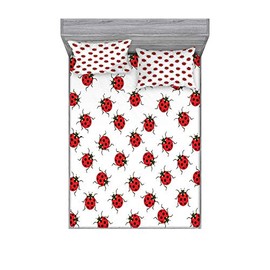 Ambesonne Ladybugs Fitted Sheet & Pillow Sham Set, Ladybugs Pattern Bunch of Bugs Infinite Speckled Marked Insect Theme Playroom Kids, Decorative Printed 3 Piece Bedding Decor Set, Full, White