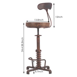 BOKKOLIK Industrial Bar Stool with Metal Backrest Rustic Coffee Stools with Swivel Leather Seat Vintage Kitchen Island Chair Farmhouse Dining Chairs 24.4-28.3inch Height Adjustable