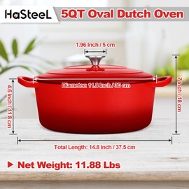 HaSteeL Oval Cast Iron Dutch Oven, 5 QT Enamel Deep Pot with Lid, Non Stick Casserole Cookware for Sourdough Bread Baking, Braising, Simmering, Poaching, Slow Cooking, Stewing, Frying, Heavy Duty, Red