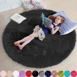 Black Round Rugs 5Ft for Bedroom Aesthetic, Fluffy Plush Circle Area Rugs for Living Room, Fuzzy Modern Cool Throw Carpet for Baby Kids Teen Boys Mens, Office Playroom Nursery Apartment Home Decor