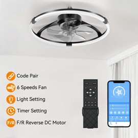 Franjulia Ceiling Fans with Lights and Remote, 20'' Low Profile Ceiling Fan, 3000-6500K Dimmable Modern Flush Mount LED Fan Light, 6 Wind Speeds, Ceiling Fans for Bedroom Black