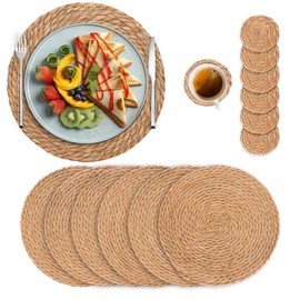 Round Woven Placemats Set of 6, 13 inch Plate Chargers with Coasters Set of 6, Natural Place mats for Dining Table Decor, Boho Farmhouse Rustic Rattan Wicker Table Mats Chargers for Dinner Plates