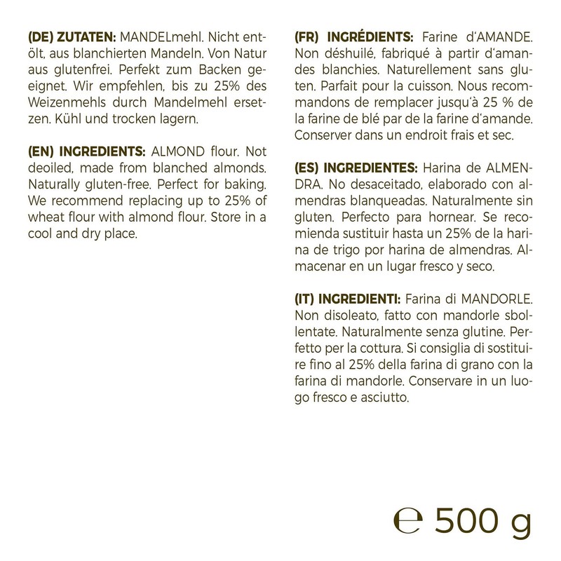 GreatVita Mandelmehl, naturbelassen, blanchiert, 500g gemahlene Mandeln