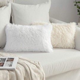 MIULEE Pack of 2 Faux Fur Cushion Covers Fluffy Soft Decorative Square Pillowcase Plush Case Faux Fur Throw Pillow Cover For Livingroom Sofa Bedroom 12x20 Inch 30x50cm 12"x20" White