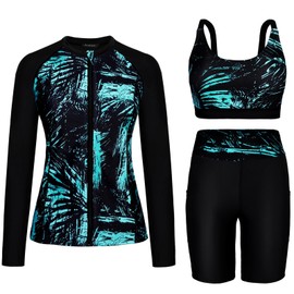 Arolina Womens Rash Guard Long Sleeve Swimsuits for Women Over 50 with High Waisted Swim Shorts Sports Bra Green M