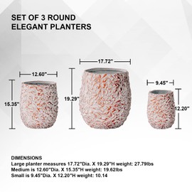 XBrand Set of 3 Fiberstone Cement Round Indoor Outdoor Planters, Modern Decorative Plant Pots with Drain Hole for All House Plants, Succulents & Flowers, 19.3", 15.4" and 12.2" H, Beige Golden