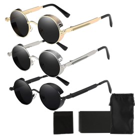 3pcs Gafas de Sol Redondas Clásicas, Retro Steampunk Gafas Elegantes Anteojos de Sol para Hombres y Mujeres Metal Polarizados para Deportes al Aire Libre Excursión Viajar (B)