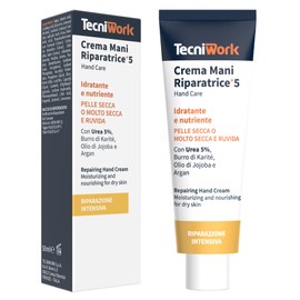 Tecniwork Crema Mani Riparatrice 5+ con 5% di Urea, Burro di Karité, Olio di Jojoba e Olio di Argan, Idratante e Nutriente per Pelle Secca, Dermatologicamente Testata, 50 ml