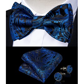 DiBanGu Black Blue Bow Ties for Men Paisley Silk Bow Tie Pocket Square Cufflinks Wedding Business Party