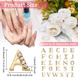 OLYCRAFT 104pcs 4 Sets Gold Rhinetone Letters Nail Studs 26-Letters Charms with Rhinestone A~Z Letter Rhinestone Resin Fillers Gold Alphabet Nail Charms for Nail Arts Decoration Resin Jewelry Making