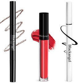 blackangel Waterproof Black Liquid Eyeliner, Super Stay Matte Liquid Lipstick, Up to 24H Wear, Highly Pigmented Color, Dual-Sided Brow Brush,Dark Brown Eyebrow pencil (#997+eyeliner+eyebrow pencil)