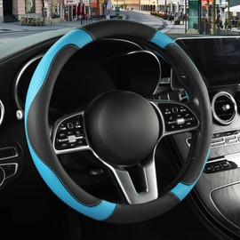 Binsheo Microfiber Leather Steering Wheel Cover Large Size for Ford F150 F250 F350 F450 RAM 4Runner Tacoma Tundra Sequoia Model S Model X, Breathable, Anti Slip, 15.5 inch to 16 inch, Black with Blue