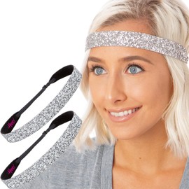 Hipsy Adjustable Non Slip Bling Glitter Headbands for Women Girls & Teens 2-Pack (Wide Silver)