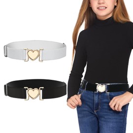 2 Pack Kids Girls Elastic Waist Belts, Girls Elastic Woven Stretch Belts With Fashion Cute Heart Buckle, Adjustable Waist Belts length 55-85cm, black and white 2 piece set