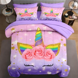 WeCozy 7 Pcs Full Size Comforter Set with 2 Pillowcases & 2 Shams, Cute Cartoon Unicorn Bedding Set for Kids and Adults, Rainbow Horse Flowers Bed in a Bag with Flat Sheet and Fitted Sheet