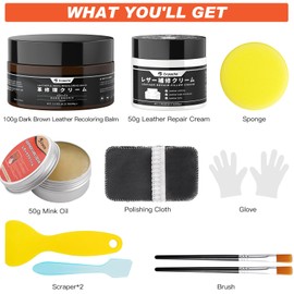 GRPOCHE Leather Repair Kit, Leather Recoloring Balm, Leather Filler and Mink Oil for Scratches, Leather Color Restorer, Furniture, Car Seat, Couches, Shoes(Dark Brown)