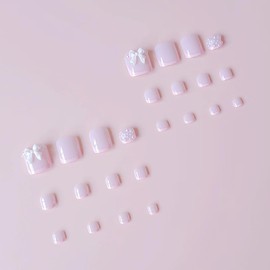 Press on Toenails Short Square Fake ToeNails with 3D White Bow Pearl Designs Pink French Toe Nail Press ons Cute Toenail Press ons Nude False Toenails Artificial Stick on Toenails for Women 24Pcs