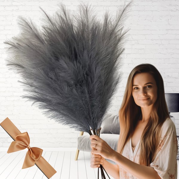 Grey Pampas Grass Fluffy, Faux Large Pampas Grass Grey, Artificial Pampas Grass UK Large Plants, Grey Feathers Decorative Home Accessories, Large Ornaments For Floor Vase Room Décor