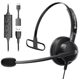 Arama Headset with Microphone for Pc, USB Headset with Mic, Computer Headset with Noise Canceling Microphone for Laptop, Wired Headset with Mute for Home Office Online Class Skype Zoom Meetings