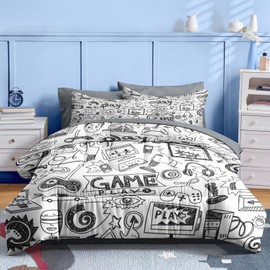 Nesker 7 Pcs Comforter Set Full Size, Computer Games Doodles Bedding for Kids Teen, Gamer Gaming Blackwith Fitted Sheet 2 Pillowcases & 2 Shams for Bedroom Bed Decor