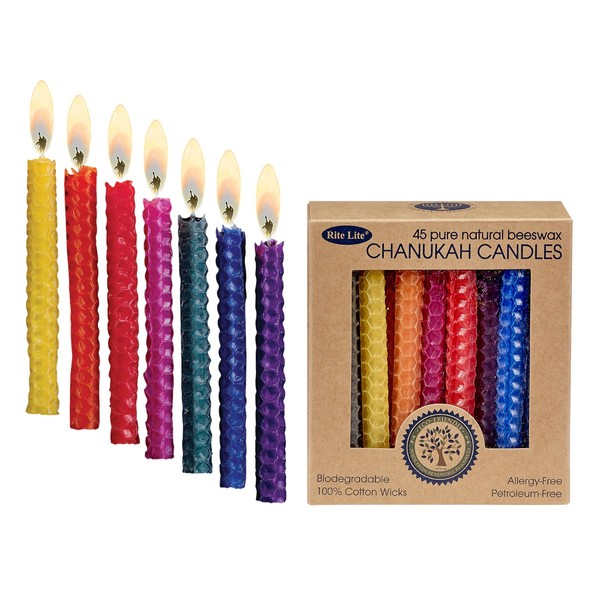 Rite Lite Honeycomb Beeswax Multicolor Hanukkah Candles - Colorful Bulk Pack of 45 Decorative & Fits Most Menorahs Jewish Holiday Party Favors Accessories Decorations for all 8 Nights of Chanukah