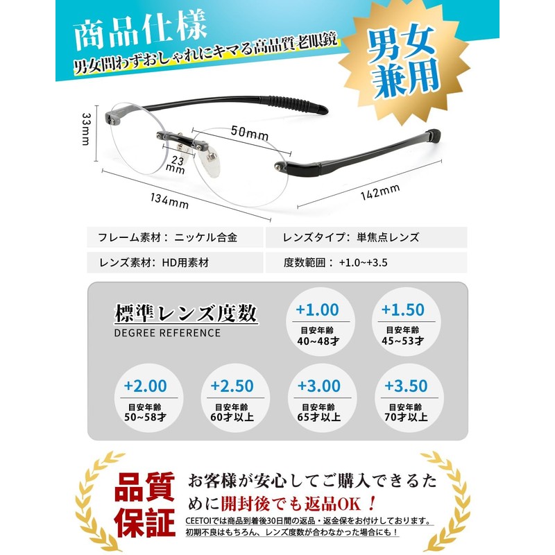 [CEETOL] 老眼鏡 縁なし メンズ レディース おしゃれ 超薄型レンズ ブルーライトカット UVカット 超弾力性