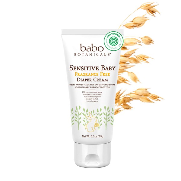 Babo Botanicals Sensitive Baby Fragrance-Free Diaper Cream - with Non-Nano Zinc Oxide, Organic Calendula, Shea & Cocoa Butter - EWG Verified - 3 oz