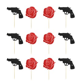 24PCS Glittery Gun & Rose Cupcake Toppers, Boy or Girl Themed Dessert Decor, Gender Reveral Party Supplies, Rose Food Picks - Black & Red