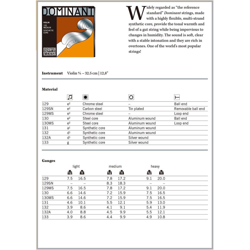 THOMASTIK Dominant 4/4 Violin Strings A.D.G Line Set (D Wire