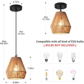 LJHhowe 2 Pack Rattan Pendant Lights 7” Wicker Pendant Light Kitchen Island Boho Hanging Lamp with Handwoven Woven Rattan Shade Farmhouse Coastal Hanging Light for Bedroom Dining Room Foyer Hallway